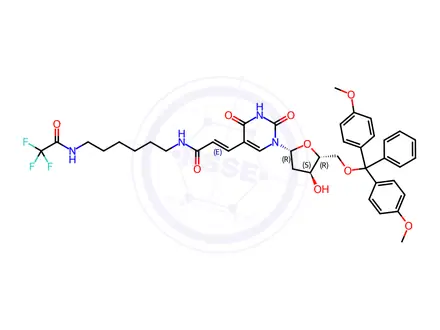 Chemical structure of 5'-O-(Dimethoxytrityl)-5-[N-(6-(trifluoroacetamido)hexyl)-3-(E)-acrylamido]-2'-deoxyuridine