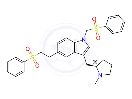 Chemical structure of (R)-3-((1-Methylpyrrolidin-2-yl)methyl)-1,5-bis(2-(phenylsulfonyl)ethyl)-1H-indole