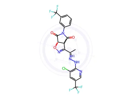 Chemical structure of 3-[(1E)-1-{2-[3-chloro-5-(trifluoromethyl)pyridin-2-yl]hydrazin-1-ylidene}ethyl]-5-[3-(trifluoromethyl)phenyl]-3aH,4H,5H,6H,6aH-pyrrolo[3,4-d][1,2]oxazole-4,6-dione