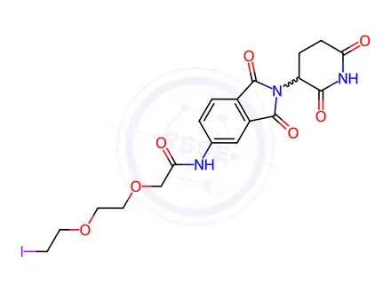 Chemical structure of N-[2-(2,6-dioxo-3-piperidyl)-1,3-dioxo-isoindolin-5-yl]-2-[2-(2-iodoethoxy)ethoxy]acetamide