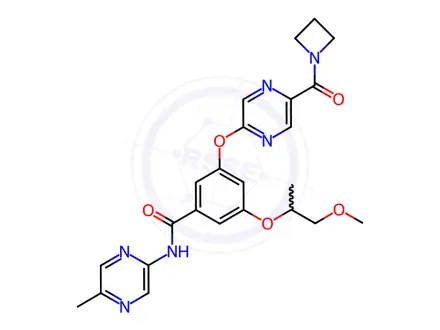 Chemical structure of Benzamide, 3-[[5-(1-azetidinylcarbonyl)-2-pyrazinyl]oxy]-5-(2-methoxy-1-methylethoxy)-N-(5-methyl-2-pyrazinyl)-