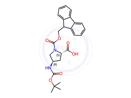 Chemical structure of (2S,4R)-1-(((9H-Fluoren-9-yl)methoxy)carbonyl)-4-((tert-butoxycarbonyl)amino)pyrrolidine-2-carboxylic acid