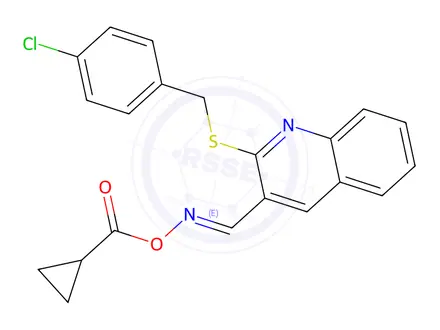 Chemical structure of (E)-2-((4-chlorobenzyl)thio)quinoline-3-carbaldehyde O-cyclopropanecarbonyl oxime