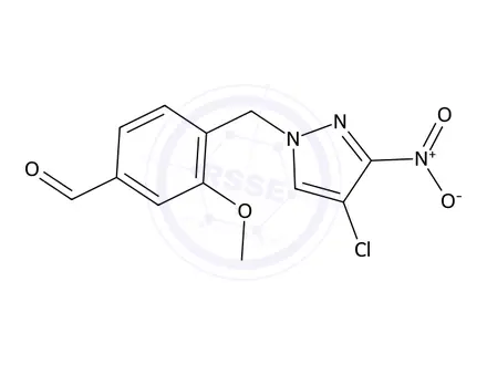 Chemical structure of 4-((4-Chloro-3-nitro-1H-pyrazol-1-yl)methyl)-3-methoxybenzaldehyde