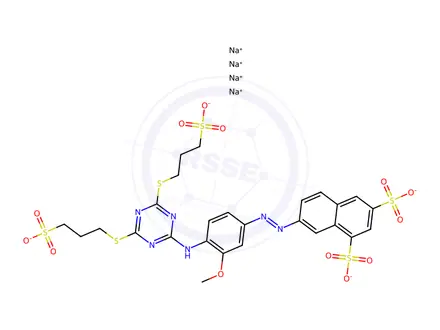Chemical structure of 1,3-Naphthalenedisulfonic acid, 7-4-4,6-bis(3-sulfopropyl)thio-1,3,5-triazin-2-ylamino-3-methoxyphenylazo-, tetrasodium salt