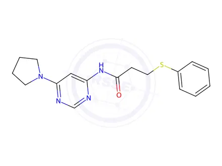 Chemical structure of 3-(Phenylthio)-N-(6-(pyrrolidin-1-yl)pyrimidin-4-yl)propanamide