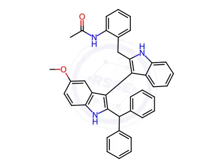 Chemical structure of N-(2-((2'-Benzhydryl-5'-methoxy-1H,1'H-[3,3'-biindol]-2-yl)methyl)phenyl)acetamide