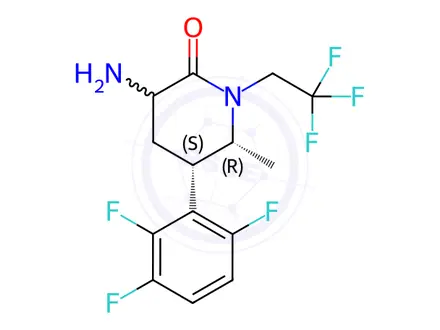 Chemical structure of 2-Piperidinone, 3-amino-6-methyl-1-(2,2,2-trifluoroethyl)-5-(2,3,6-trifluorophenyl)-, (5S,6R)-