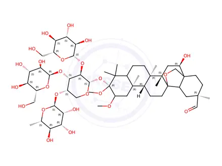 Chemical structure of 3-O-(L-rhamnopyranosyl-1-4-glucopyranosyl-1-2-(glucopyranosyl-1-4)-arabinopyranoside)-16-hydroxy-13,28-epoxy-30,30-dimethoxyoleane