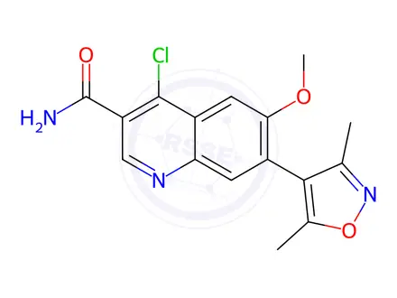 Chemical structure of 4-Chloro-7-(3,5-dimethylisoxazol-4-yl)-6-methoxyquinoline-3-carboxamide