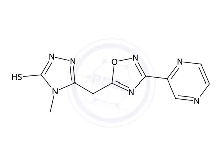 Chemical structure of 4-Methyl-5-((3-(pyrazin-2-yl)-1,2,4-oxadiazol-5-yl)methyl)-4H-1,2,4-triazole-3-thiol