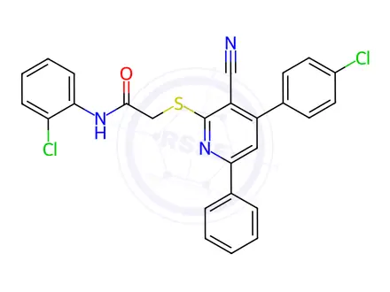 Chemical structure of N-(2-chlorophenyl)-2-((4-(4-chlorophenyl)-3-cyano-6-phenylpyridin-2-yl)thio)acetamide