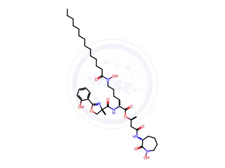 Chemical structure of Lysine, N2-[[4,5-dihydro-2-(2-hydroxyphenyl)-4-methyl-4-oxazolyl]carbonyl]-N6-hydroxy-N6-(1-oxotetradecyl)-, 3-[(hexahydro-1-hydroxy-2-oxo-1H-azepin-3-yl)amino]-1-methyl-3-oxopropyl ester