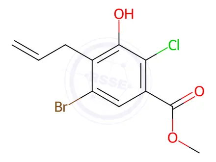 Chemical structure of Benzoic acid, 5-bromo-2-chloro-3-hydroxy-4-(2-propen-1-yl)-, methyl ester