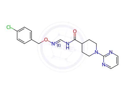 Chemical structure of N-[(1E)-{[(4-chlorophenyl)methoxy]imino}methyl]-1-(pyrimidin-2-yl)piperidine-4-carboxamide