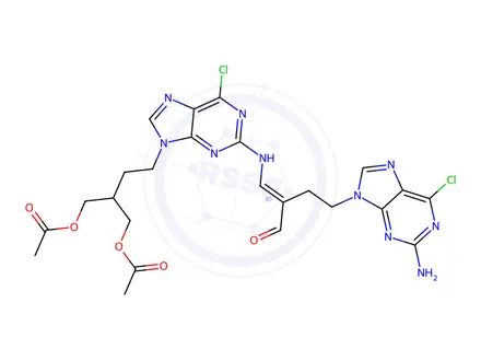 Chemical structure of (E)-2-(2-(2-((4-(2-amino-6-chloro-9H-purin-9-yl)-2-formylbut-1-en-1-yl)amino)-6-chloro-9H-purin-9-yl)ethyl)propane-1,3-diyl diacetate