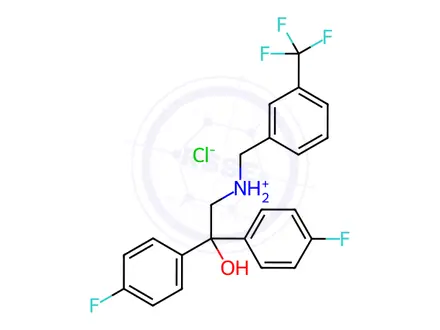 Chemical structure of 2,2-bis(4-fluorophenyl)-2-hydroxy-N-[3-(trifluoromethyl)benzyl]-1-ethanaminium chloride