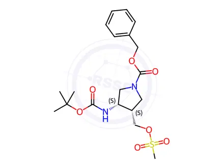 Chemical structure of benzyl 3-(tert-butoxycarbonylamino)-4-((methylsulfonyloxy)methyl)pyrrolidine-1-carboxylate