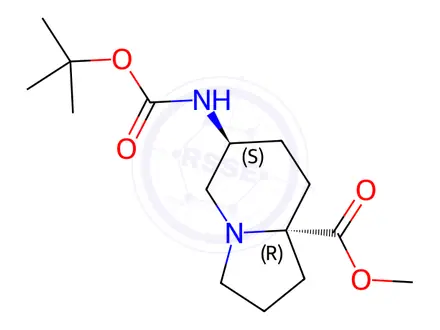 Chemical structure of (6S,8aR)-Methyl 6-((tert-butoxycarbonyl)amino)octahydroindolizine-8a-carboxylate