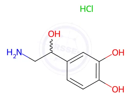 Chemical structure of 4-(2-amino-1-hydroxyethyl)benzene-1,2-diol hydrochloride