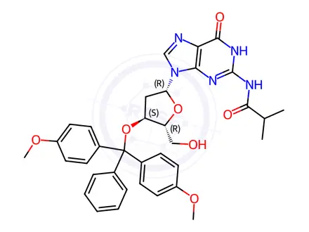 Chemical structure of N-(9-((2R,4S,5R)-4-(bis(4-methoxyphenyl)(phenyl)methoxy)-5-(hydroxymethyl)tetrahydrofuran-2-yl)-6-oxo-6,9-dihydro-3H-purin-2-yl)isobutyramide