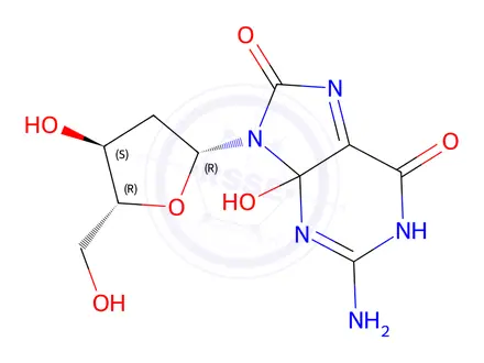 Chemical structure of 2-Amino-4-hydroxy-9-((2R,4S,5R)-4-hydroxy-5-(hydroxymethyl)tetrahydrofuran-2-yl)-4,9-dihydro-1H-purine-6,8-dione
