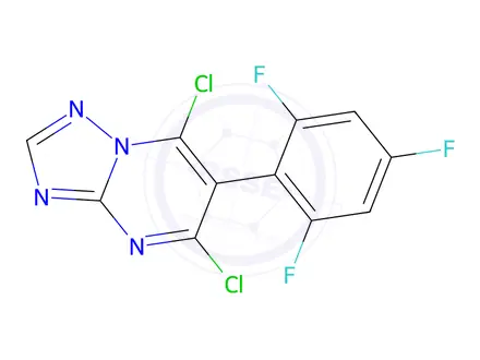 Chemical structure of 5,7-Dichloro-6-(2,4,6-trifluorophenyl)-[1,2,4]triazolo[1,5-a]pyrimidine