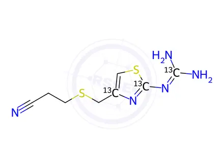 Chemical structure of 3-[[[2-[(Diaminomethylene]amino-4-thiazolyl]thio]propionitrile-13C3