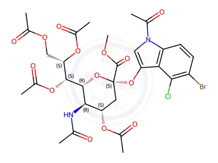 Chemical structure of (1S,2S)-1-((2R,4S,6S)-3-acetaMido-4-acetoxy-6-(1-acetyl-5-broMo-4-chloro-1H-indol-3-yloxy)-6-(Methoxycarbonyl)tetrahydro-2H-pyran-2-yl)propane-1,2,3-triyl triacetate