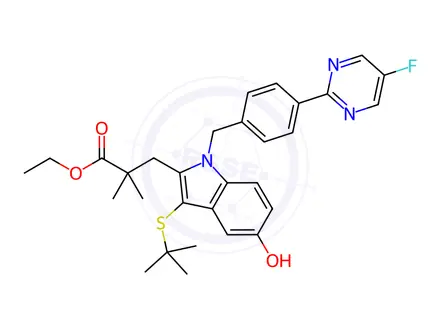 Chemical structure of Ethyl 3-(3-(tert-butylthio)-1-(4-(5-fluoropyrimidin-2-yl)benzyl)-5-hydroxy-1H-indol-2-yl)-2,2-dimethylpropanoate