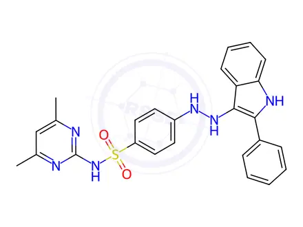 Chemical structure of N-(4,6-Dimethylpyrimidin-2-yl)-4-(2-(2-phenyl-1H-indol-3-yl)hydrazinyl)benzenesulfonamide