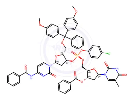Chemical structure of N-benzoyl-P-(p-chlorophenyl)-2'-deoxycytidylyl-(3'->5')-5'-O-(p,p'-dimethoxytrityl)thymidine 3'-benzoate