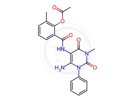 Chemical structure of Benzamide, 2-(acetyloxy)-N-(6-amino-1,2,3,4-tetrahydro-3-methyl-2,4-dioxo-1-phenyl-5-pyrimidinyl)-3-methyl-