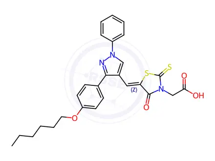Chemical structure of 2-(5-((3-(4-(Hexyloxy)phenyl)-1-phenyl-1H-pyrazol-4-yl)methylene)-4-oxo-2-thioxothiazolidin-3-yl)acetic acid
