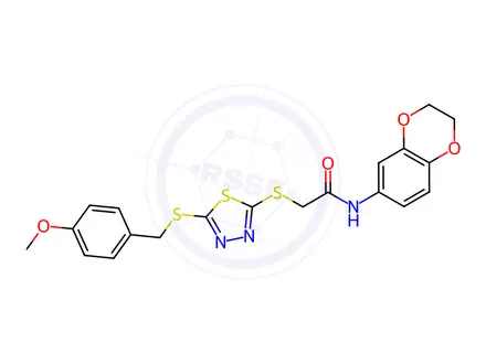 Chemical structure of N-(2,3-Dihydrobenzo[b][1,4]dioxin-6-yl)-2-((5-((4-methoxybenzyl)thio)-1,3,4-thiadiazol-2-yl)thio)acetamide