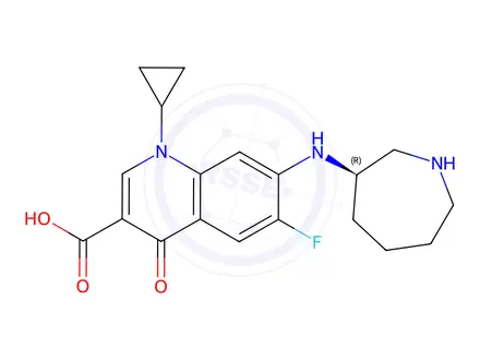 Chemical structure of 1-Cyclopropyl-6-fluoro-7-[[(3R)-hexahydro-1H-azepin-3-yl]amino]-1,4-dihydro-4-oxo-3-quinolinecarboxylic acid