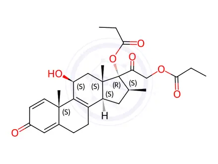 Chemical structure of (10S,11S,13S,14S,16S,17R)-11-hydroxy-10,13,16-trimethyl-3-oxo-17-(2-(propionyloxy)acetyl)-6,7,10,11,12,13,14,15,16,17-decahydro-3H-cyclopenta[a]phenanthren-17-yl propionate