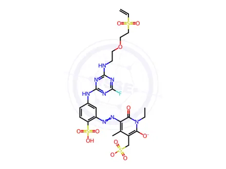 Chemical structure of 3-Pyridinemethanesulfonic acid, 5-5-4-2-2-(ethenylsulfonyl)ethoxyethylamino-6-fluoro-1,3,5-triazin-2-ylamino-2-sulfophenylazo-1-ethyl-1,2-dihydro-6-hydroxy-4-methyl-2-oxo-, disodium salt