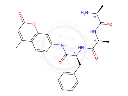 Chemical structure of (S)-2-((S)-2-((S)-2-Aminopropanamido)propanamido)-N-(4-methyl-2-oxo-2H-chromen-7-yl)-3-phenylpropanamide 2,2,2-Trifluoroacetate