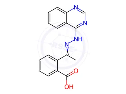 Chemical structure of 2-(1-(2-(Quinazolin-4-yl)hydrazono)ethyl)benzoic acid