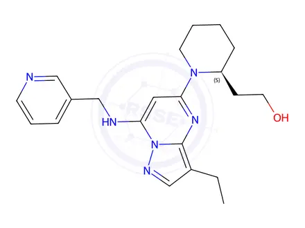 Chemical structure of (S)-2-(1-(3-ethyl-7-((pyridin-3-ylmethyl)amino)pyrazolo[1,5-a]pyrimidin-5-yl)piperidin-2-yl)ethanol