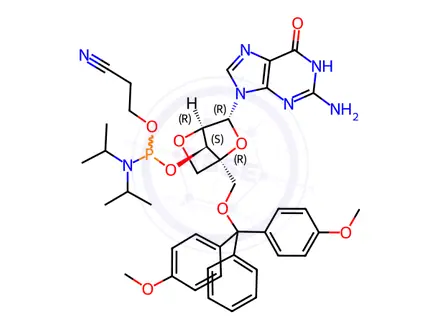 Chemical structure of Guanosine, 5'-O-[bis(4-methoxyphenyl)phenylmethyl]-2'-O,4'-C-methylene-, 3'-[2-cyanoethyl bis(1-methylethyl)phosphoramidite] (9CI)