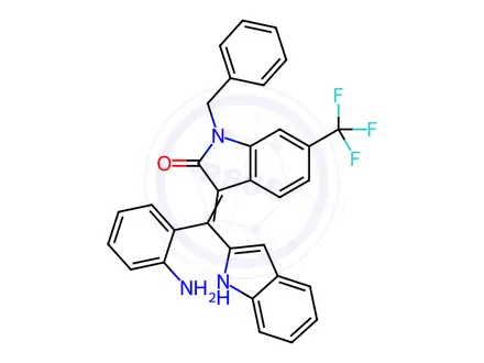 Chemical structure of (Z)-3-((2-Aminophenyl)(1H-indol-2-yl)methylene)-1-benzyl-6-(trifluoromethyl)indolin-2-one
