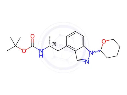 Chemical structure of Carbamic acid, N-[(1R)-1-methyl-2-[1-(tetrahydro-2H-pyran-2-yl)-1H-indazol-4-yl]ethyl]-, 1,1-dimethylethyl ester