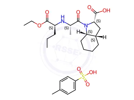 Chemical structure of (2S,3aS,7aS)-1-(((S)-1-ethoxy-1-oxopentan-2-yl)-L-alanyl)octahydro-1H-indole-2-carboxylic acid--4-methylbenzenesulfonic acid (1/1)
