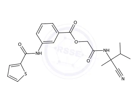 Chemical structure of 2-((2-Cyano-3-methylbutan-2-yl)amino)-2-oxoethyl 3-(thiophene-2-carboxamido)benzoate