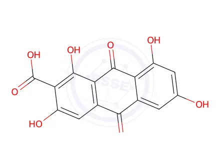Chemical structure of 1,3,6,8-tetrahydroxy-9,10-dioxo-9,10-dihydroanthracene-2-carboxylic acid