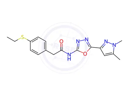 Chemical structure of N-(5-(1,5-Dimethyl-1H-pyrazol-3-yl)-1,3,4-oxadiazol-2-yl)-2-(4-(ethylthio)phenyl)acetamide