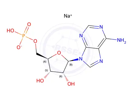 Chemical structure of Sodium ((2R,3S,4R,5R)-5-(6-amino-9H-purin-9-yl)-3,4-dihydroxytetrahydrofuran-2-yl)methyl hydrogen phosphate
