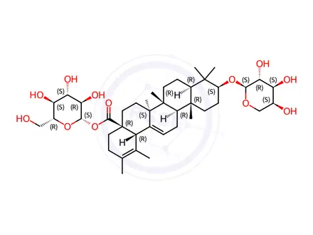 Chemical structure of 3beta-[(alpha-L-Arabinopyranosyl)oxy]ursa-12,19(20)-dien-28-oic acid beta-D-glucopyranosyl ester